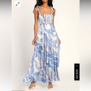 NWT Lulus Striking Swirls Blue Marbled Tier Maxi Dress